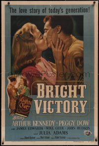 6h0771 BRIGHT VICTORY linen 1sh 1951 close up of blind Arthur Kennedy kissing pretty Peggy Dow!