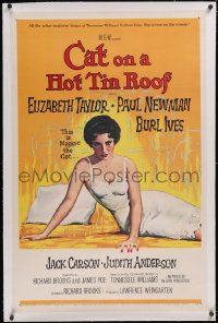 6h0780 CAT ON A HOT TIN ROOF linen 1sh 1958 classic artwork of Elizabeth Taylor as Maggie the Cat!