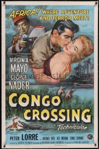 6h0790 CONGO CROSSING linen 1sh 1956 Peter Lorre pointing gun at Virginia Mayo & George Nader!