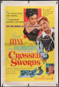 6h0794 CROSSED SWORDS linen 1sh 1953 Errol Flynn & sexy Gina Lollobrigida, Italy's Marilyn Monroe!