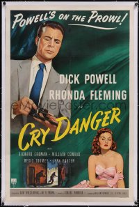 6h0795 CRY DANGER linen 1sh 1951 great film noir art of Dick Powell loading gun by Rhonda Fleming!