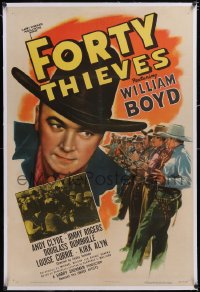 6h0831 FORTY THIEVES linen 1sh 1944 William Boyd as Hopalong Cassidy, cool art of cowboys, rare!