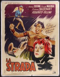 6h0371 LA STRADA linen French 1p R1960s Fellini, different De Seta art of Quinn & Masina, rare!