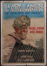 6h0370 L'ATALANTE linen French 1p R1940 Jean Vigo, great art of Michel Simon playing accordion!