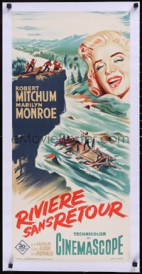6h0591 RIVER OF NO RETURN linen French 15x30 1954 different art of Marilyn Monroe & raft, ultra rare!