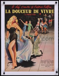 6h0470 LA DOLCE VITA linen French 16x21 1960 Federico Fellini, Mastroianni, sexy Ekberg by Yves Thos!