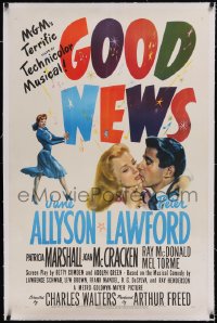 6h0844 GOOD NEWS linen 1sh 1947 art of June Allyson & Peter Lawford kissng, Technicolor musical!