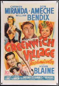 6h0847 GREENWICH VILLAGE linen 1sh 1944 art of sexy Carmen Miranda, Don Ameche & William Bendix!
