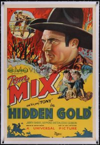 6h0849 HIDDEN GOLD linen 1sh 1932 great close up art of cowboy Tom Mix & in boxing ring, ultra rare!
