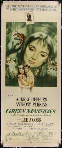 6h0424 GREEN MANSIONS linen insert 1959 cool art of Audrey Hepburn & Anthony Perkins by Joseph Smith!