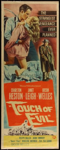 6h0290 TOUCH OF EVIL insert 1958 Orson Welles classic, Charlton Heston kisses sexy Janet Leigh!