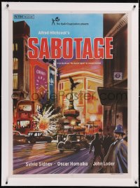 6h0516 SABOTAGE linen Indian R1970s Alfred Hitchcock, cool artwork of exploding bus in London!