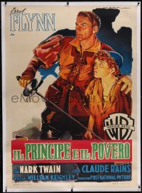 6h0398 PRINCE & THE PAUPER linen Italian 1p R1951 Martinati art of Errol Flynn & Mauch, ultra rare!