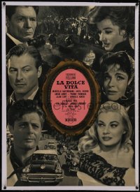 6h0527 LA DOLCE VITA linen Italian 27x37 pbusta 1960 Federico Fellini, headshots of top six stars!