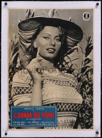 6h0448 WOMAN OF THE RIVER linen Italian 19x27 pbusta 1957 c/u of sexy Sophia Loren, ultra rare!