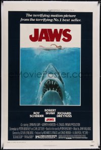 6h0870 JAWS linen 1sh 1975 art of Spielberg's classic man-eating shark attacking naked swimmer!