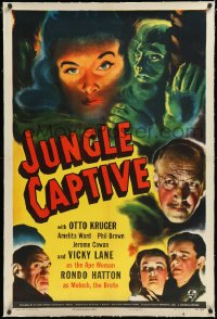 6h0874 JUNGLE CAPTIVE linen 1sh 1945 Vicky Lane as the Ape Woman, Rondo Hatton as Moloch the Brute!