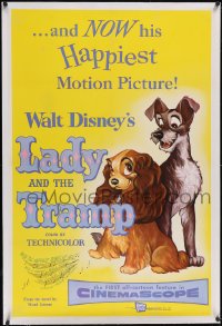 6h0881 LADY & THE TRAMP linen 1sh 1955 Walt Disney romantic canine dog classic cartoon, great art!