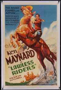 6h0885 LAWLESS RIDERS linen 1sh 1935 best art of Ken Maynard on rearing horse Tarzan, ultra rare!