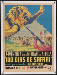 6h0633 100 DIAS DE SAFARI linen Mexican poster 1948 art of big game hunters in Africa, ultra rare!