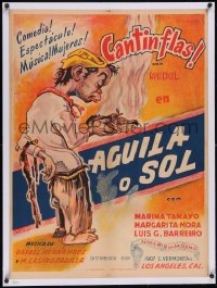 6h0636 AGUILA O SOL linen Mexican poster R1940s art of Cantinflas in tattered clothes with shoe!