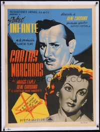 6h0650 CARTAS MARCADAS linen Mexican poster 1948 art of Pedro Infante & Marga Lopez, Rene Cardona!