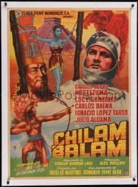 6h0652 CHILAM BALAM linen Mexican poster 1955 Moctezuma, YZ art of natives & conquistador, rare!
