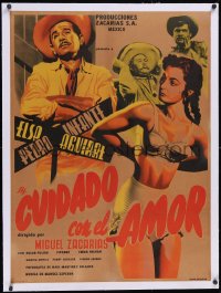 6h0657 CUIDADO CON EL AMOR linen Mexican poster 1954 art of sexy Elsa Aguirre in her underwear, rare!