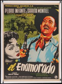 6h0666 EL ENAMORADO linen Mexican poster 1952 Renau art of laughing Infante w/ 2 guns & sexy Montiel!