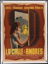 6h0682 LA CALLE DE LOS AMORES linen Mexican poster 1954 art of woman by cheating spouse, ultra rare!