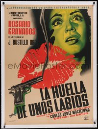 6h0685 LA HUELLA DE UNOS LABIOS linen Mexican poster 1952 Renau art of smoking gun, lips & girl!