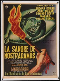 6h0690 LA SANGRE DE NOSTRADAMUS linen Mexican poster 1962 German Robles, cool Mendoza vampire art!