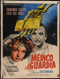 6h0702 MEDICO DE GUARDIA linen Mexican poster 1950 misleading Renau art of skeleton w/ bloody check!