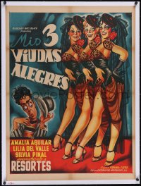 6h0706 MIS 3 VIUDAS ALEGRES linen Mexican poster 1953 great Cabral art of Resortes & sexy showgirls!