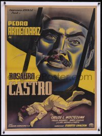 6h0719 ROSAURO CASTRO linen Mexican poster 1950 Vidal art of Armendariz & murder victim, ultra rare!