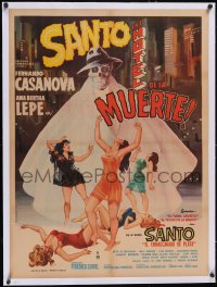 6h0721 SANTO EN EL HOTEL DE LA MUERTE linen Mexican poster 1963 art of sexy women and caped skelton!