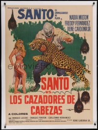 6h0723 SANTO VS. LOS CAZADORES DE CABEZAS linen Mexican poster 1971 masked wrestler, ultra rare!