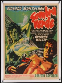 6h0728 SOMBRA VERDE linen Mexican poster 1956 art of Ricardo Montalban with snake by sexy woman!