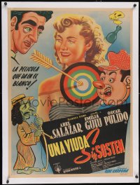 6h0738 UNA VIUDA SIN SOSTEN linen Mexican poster 1951 art of Abel Salazar, pretty girl & target!