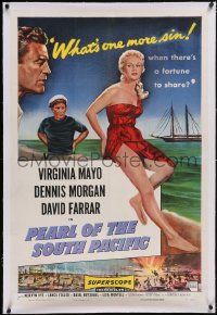 6h0939 PEARL OF THE SOUTH PACIFIC linen 1sh 1955 art of sexy Virginia Mayo in sarong & Dennis Morgan!