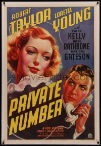 6h0948 PRIVATE NUMBER linen 1sh 1936 great litho art of Loretta Young & Robert Taylor, rare!