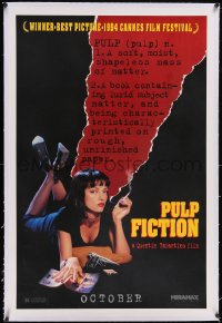 6h0950 PULP FICTION linen teaser 1sh 1994 Quentin Tarantino, sexy Uma Thurman over black background!