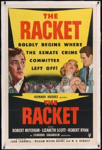 6h0952 RACKET linen 1sh 1951 Robert Ryan grabs sexy Lizabeth Scott, Robert Mitchum, Howard Hughes