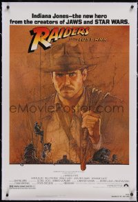 6h0953 RAIDERS OF THE LOST ARK linen 1sh 1981 great art of adventurer Harrison Ford by Richard Amsel!