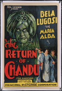 6h0957 RETURN OF CHANDU linen 1sh 1934 great artwork of spooky magician Bela Lugosi, serial!