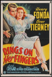 6h0961 RINGS ON HER FINGERS linen 1sh 1942 stone litho of Henry Fonda swindled by sexy Gene Tierney!