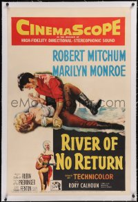 6h0963 RIVER OF NO RETURN linen 1sh 1954 art of Robert Mitchum holding down sexy Marilyn Monroe!