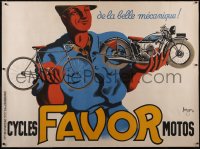 6h0355 FAVOR linen 47x63 French advertising poster 1937 Bellenger art of man with motorcycle & bike!