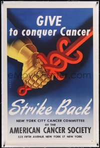 6h0562 GIVE TO CONQUER CANCER linen 30x40 special poster 1950s American Cancer Society, ultra rare!