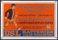 6h0554 USL BATTERIES linen 28x42 advertising poster 1930s art of man without his pants, ultra rare!